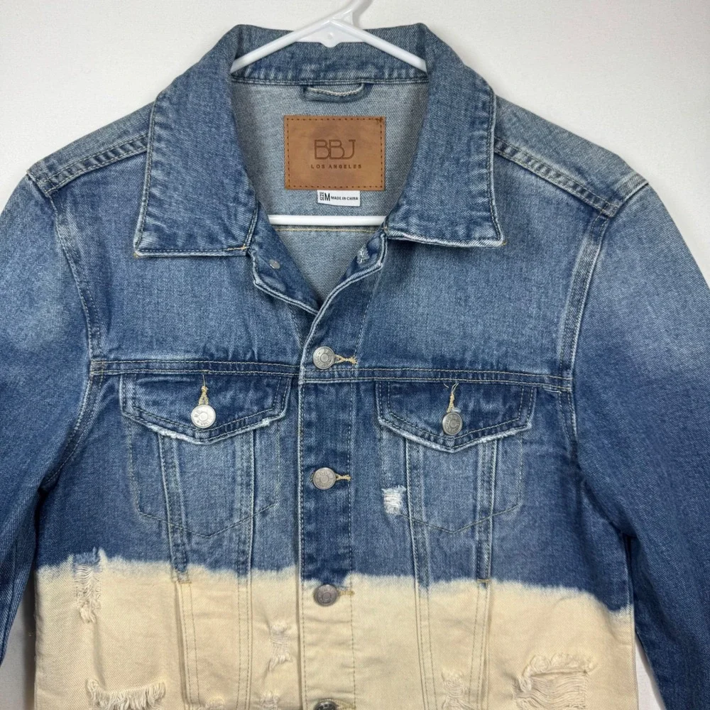 BBJ Los Angeles Denim Jacket‎ Blue White Distressed Cropped Jean Coat Sz Medium